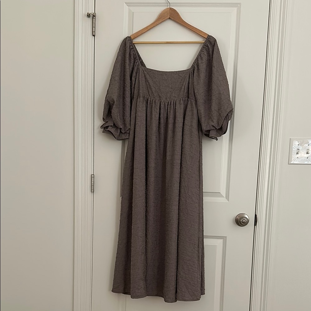 Gray Smocked Sundress with Puff Sleeves and Square Neck